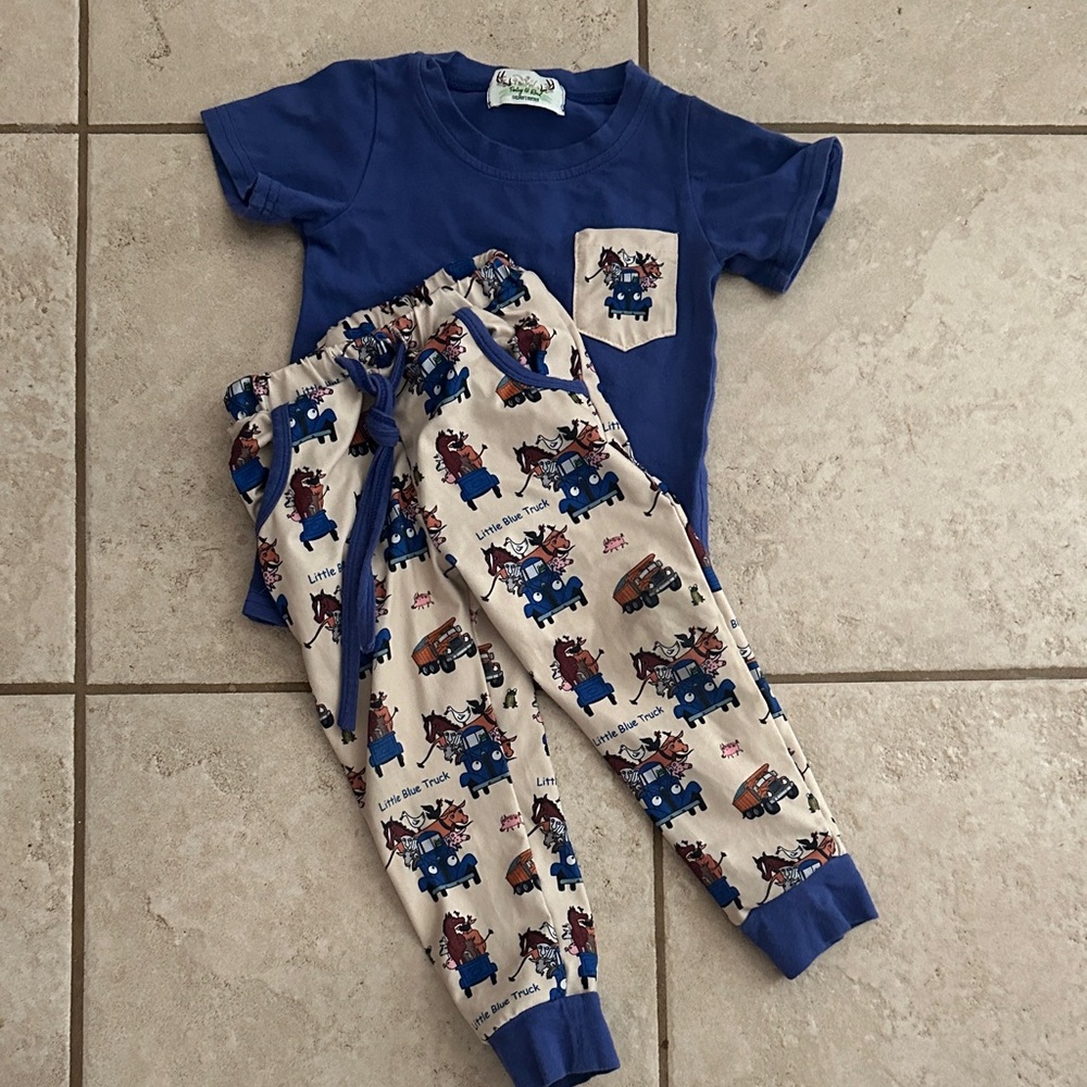Little Blue Truck Set - Blue Pocket Tee & Printed Joggers